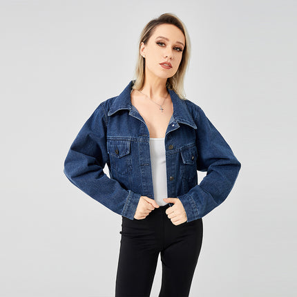 Women's cropped denim jacket
Dark wash jean jacket
Trendy short denim jacket
Casual streetwear jacket
Fashionable denim outerwear