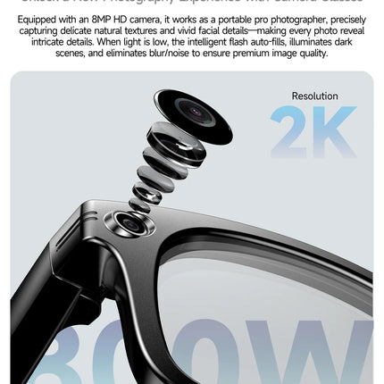 Camera glasses with text about ultra-clear freeze and instant transmission of wonder on a light blue background.