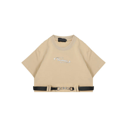 Buckle strap crop top
Streetwear short sleeve tee
Edgy Y2K fashion
Black fitted crop top for women
Grunge-inspired buckle tee