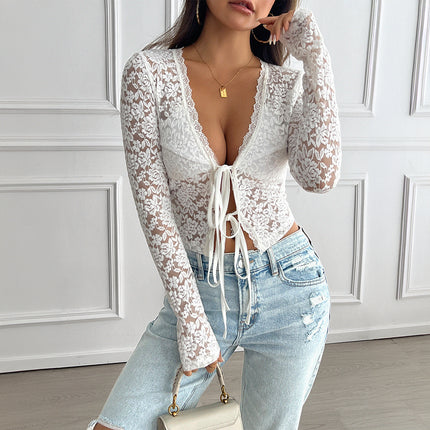 White lace tie-front top
Sexy sheer long sleeve blouse
Deep V-neck lace crop top
Trendy lace top for women
Chic floral lace blouse