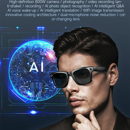 Smart glasses with AI technology displayed on a dark background