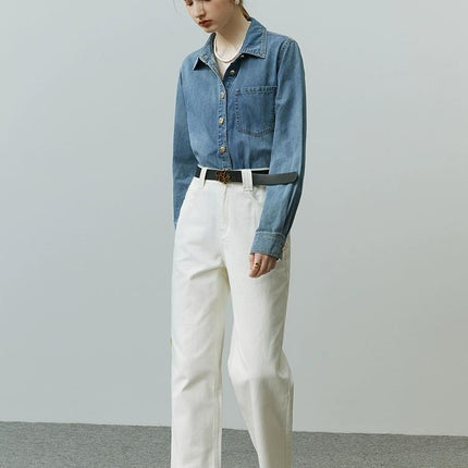 Camisa vaquera azul suave con manga larga para mujer, estilo vendaje