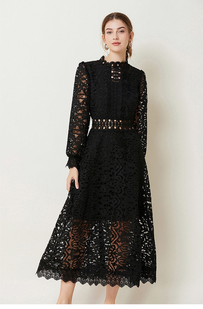 White lace midi dress
Elegant A-line dress
Long sleeve lace dress
Hollow-out lace dress
Chic party dress
Feminine midi dress
Vintage-inspired lace dress
Formal occasion dress