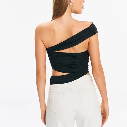 Top corto cruzado elegante negro con hombros descubiertos: ropa elegante de fiesta y ropa urbana