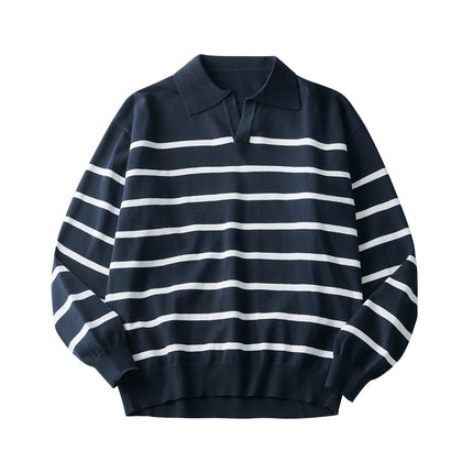 Suéter tipo polo a rayas para hombre: camisa informal de punto de manga larga para el día a día.