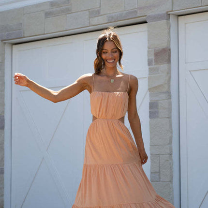 Women's Cut-Out Tiered Maxi Dress – Summer and Vacation Dress with Spaghetti Straps
