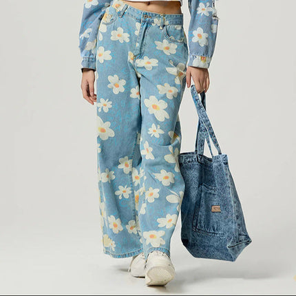 Vaqueros anchos con estampado floral: vaqueros vintage de cintura alta