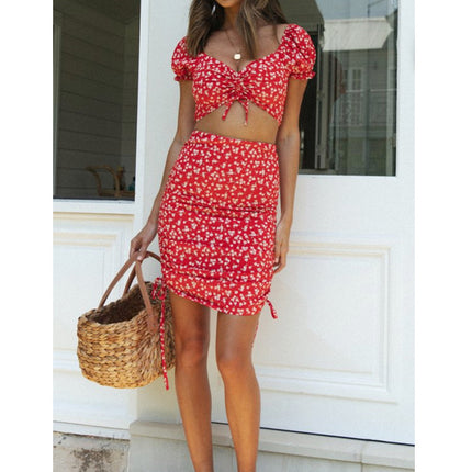 ruched puff sleeve set, boho matching skirt top, cute red floral outfit, summer picnic co-ord, two-piece summer set, women's co-ord, floral skirt set, red crop top set, vacation outfit