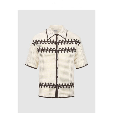 Men’s knit shirt
Vintage button-up shirt
Summer fashion for men
Short sleeve knitwear
Retro aesthetic shirt