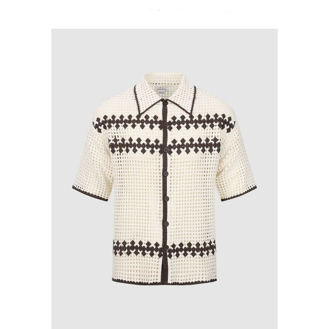 Men’s knit shirt
Vintage button-up shirt
Summer fashion for men
Short sleeve knitwear
Retro aesthetic shirt