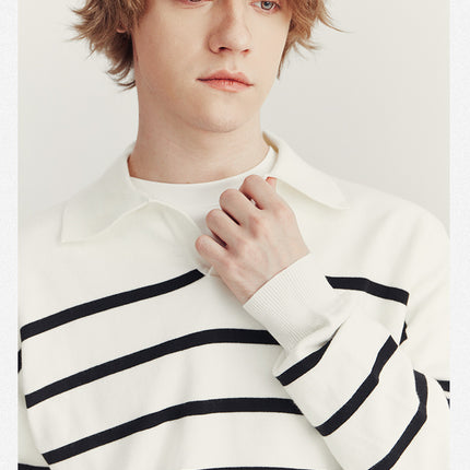 Suéter tipo polo a rayas para hombre: camisa informal de punto de manga larga para el día a día.