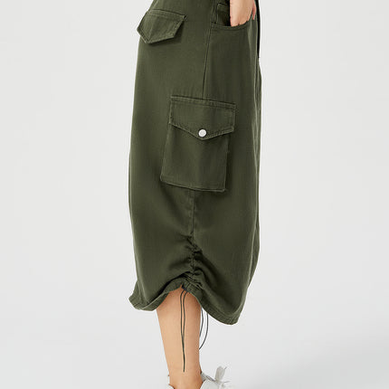 Cargo midi skirt
Women's utility skirt
Army green skirt
Streetwear skirts
High-waisted midi skirt