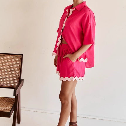 scallop trim sets
shirt and shorts sets
two piece outfits
summer clothing sets
casual wear sets
decorative trim clothing
scallop trim shirt and shorts set
two piece scallop outfit
summer shirt shorts set
casual scallop set
decorative trim co ord
short sleeve shirt shorts set