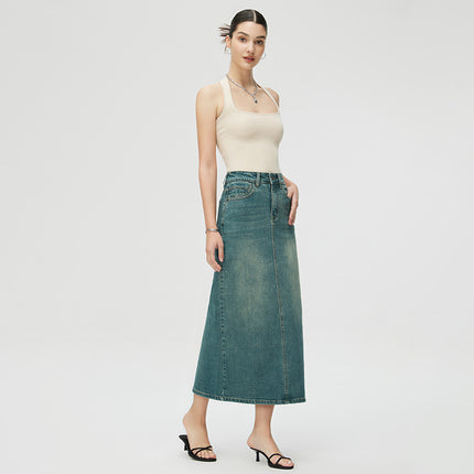 denim maxi skirt, long denim skirt, high-waist jean skirt, vintage straight skirt, casual streetwear skirt, women’s classic denim, maxi skirt 2025, slim denim skirt, timeless fashion skirt