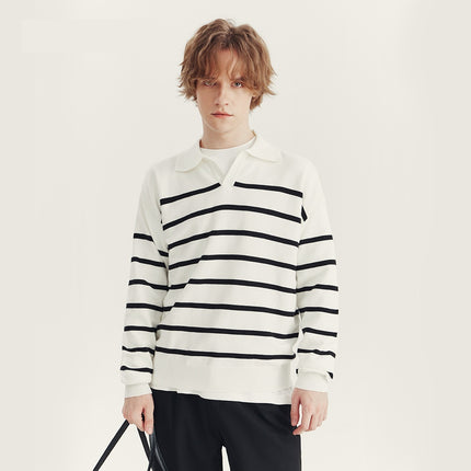 Suéter tipo polo a rayas para hombre: camisa informal de punto de manga larga para el día a día.