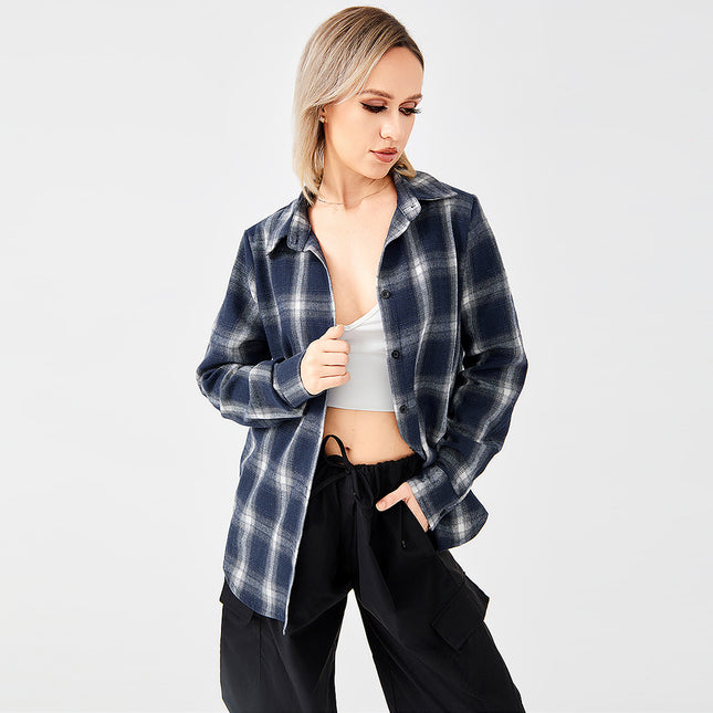 Camisa de franela a cuadros extragrande para mujer: camisa informal de manga larga con botones