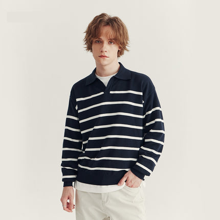Suéter tipo polo a rayas para hombre: camisa informal de punto de manga larga para el día a día.