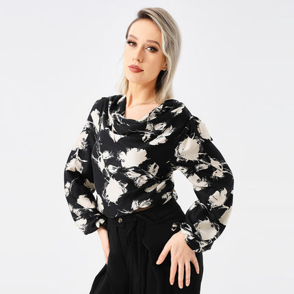 Blusa elegante con estampado floral: manga larga y cuello vuelto para mujer
