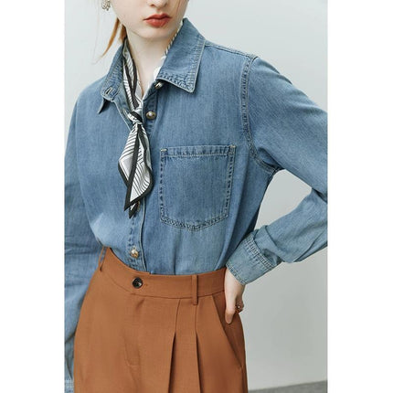 Camisa vaquera azul suave con manga larga para mujer, estilo vendaje