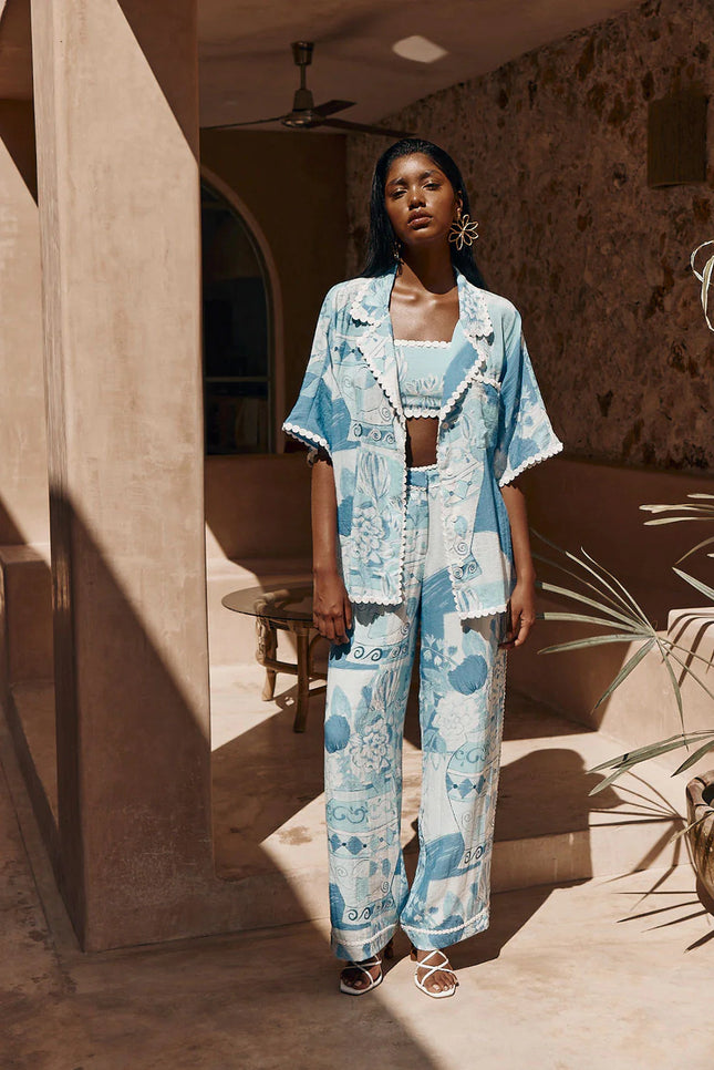 Boho-chic printed shirt and trousers set
Summer co-ord set for women
Wide-leg pants and button-down shirt
Elegant bohemian outfit
Lightweight vacation wear
Trendy summer matching se