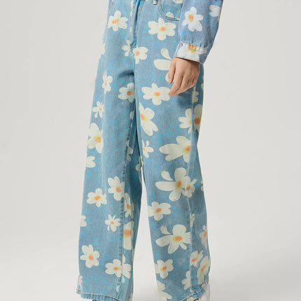Vaqueros anchos con estampado floral: vaqueros vintage de cintura alta