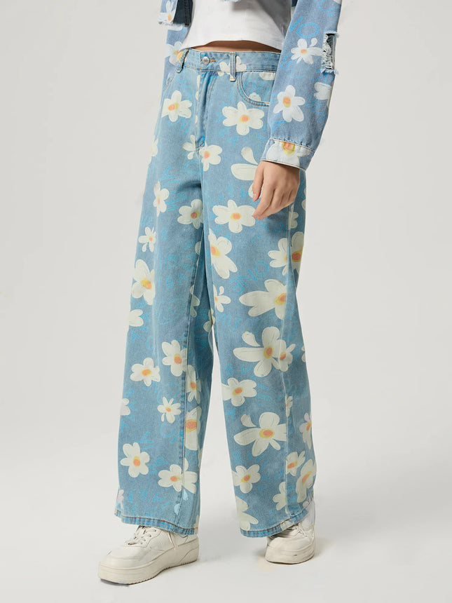 Vaqueros anchos con estampado floral: vaqueros vintage de cintura alta