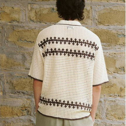 Men’s knit shirt
Vintage button-up shirt
Summer fashion for men
Short sleeve knitwear
Retro aesthetic shirt