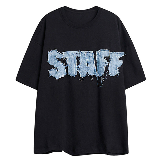 Camiseta oversize con patchwork de mezclilla: camiseta informal de estilo urbano