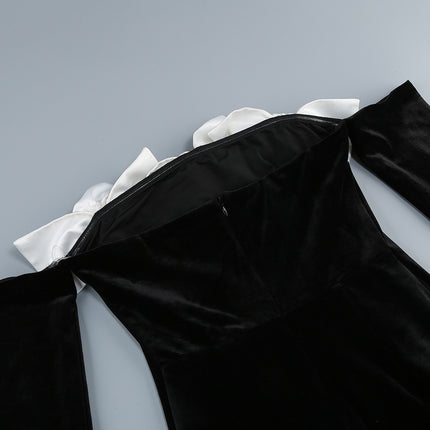 Elegant Off-Shoulder Black Velvet Fishtail Gown with White Floral Accents – Formal Evening Dress