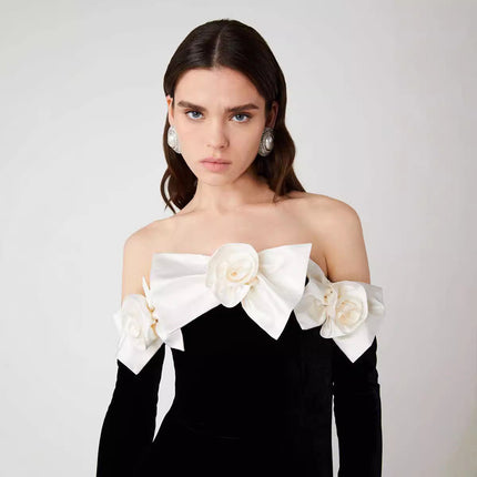 Black velvet gown, off-shoulder evening dress, white floral gown, formal black dress, gala outfit, long elegant dress, luxury evening wear, red carpet dress, fitted formal gown, women’s event dress