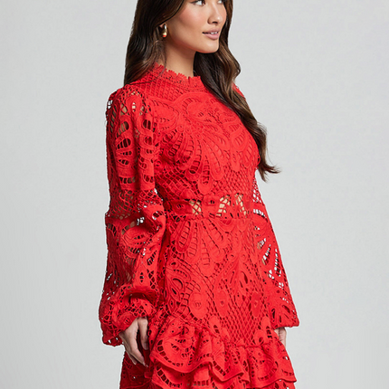 Lace Mini Vacation Dress – Party Ready with Ruffles & Long Sleeves