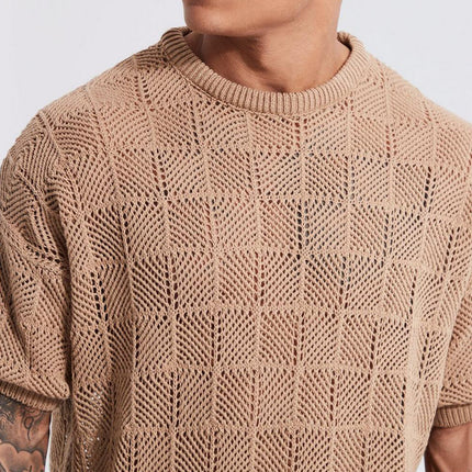 men’s matching set, knit summer outfit, casual short set, textured knitwear for men, loungewear for men, men’s two-piece set, lightweight outfit, openwork knit, beachwear set, summer co-ord men, breathable fashion, men’s comfy clothes