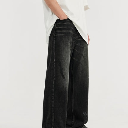 men's wide-leg jeans, black denim jeans, vintage washed jeans, loose-fit jeans, casual streetwear, urban fashion, baggy denim, relaxed fit jeans, trendy men's denim.