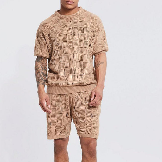 men’s matching set, knit summer outfit, casual short set, textured knitwear for men, loungewear for men, men’s two-piece set, lightweight outfit, openwork knit, beachwear set, summer co-ord men, breathable fashion, men’s comfy clothes