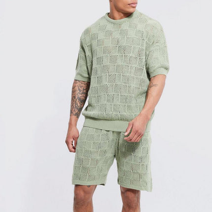 men’s matching set, knit summer outfit, casual short set, textured knitwear for men, loungewear for men, men’s two-piece set, lightweight outfit, openwork knit, beachwear set, summer co-ord men, breathable fashion, men’s comfy clothes