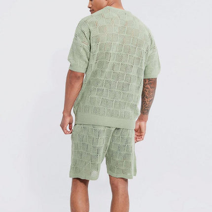 men’s matching set, knit summer outfit, casual short set, textured knitwear for men, loungewear for men, men’s two-piece set, lightweight outfit, openwork knit, beachwear set, summer co-ord men, breathable fashion, men’s comfy clothes