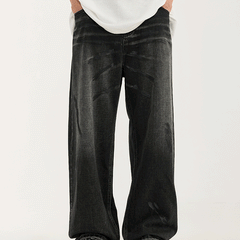 men's wide-leg jeans, black denim jeans, vintage washed jeans, loose-fit jeans, casual streetwear, urban fashion, baggy denim, relaxed fit jeans, trendy men's denim.