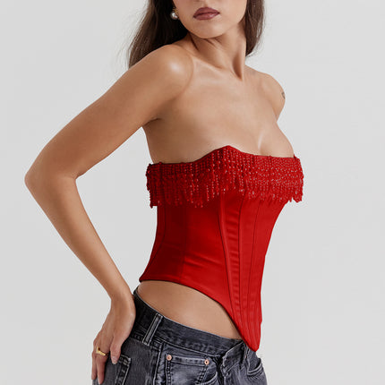pearl corset top
fringe corset top
strapless bustier
elegant bustier
statement bustier
evening bustier
special occasion top
special occasion pearl corset
embellished pearl corset top
unique pearl corset top
glamorous pearl corset top