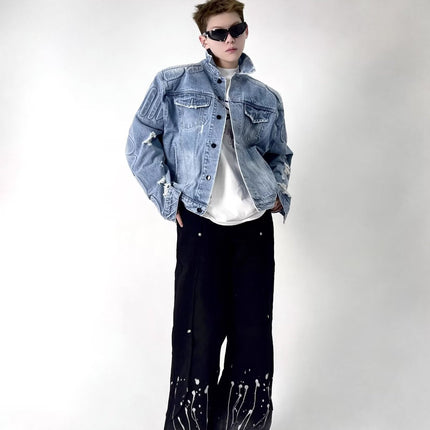 Men's ripped jacket,
Motorcycle denim jacket,
Ripped denim jacket, Casual outerwear,
Motorcycle jacket,
Stylish men's jacket,
Trendy denim jacket,
Essential outerwear,
Cool men's jacket,
Effortless style,
Timeless jacket,
Comfortable jacket,
Men's casual jacket,
Biker jacket,
Distressed denim jacket,
Quality denim,
Bold design,