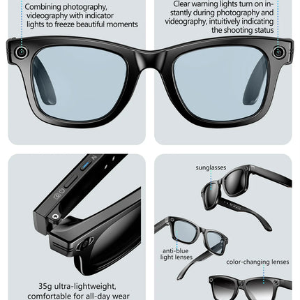 Sunglasses with camera and indicator light features on a gray background