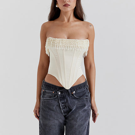pearl corset top
fringe corset top
strapless bustier
elegant bustier
statement bustier
evening bustier
special occasion top
special occasion pearl corset
embellished pearl corset top
unique pearl corset top
glamorous pearl corset top