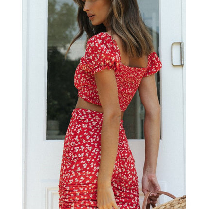ruched puff sleeve set, boho matching skirt top, cute red floral outfit, summer picnic co-ord, two-piece summer set, women's co-ord, floral skirt set, red crop top set, vacation outfit