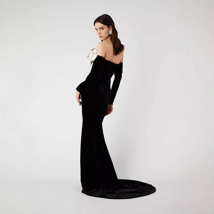 Black velvet gown, off-shoulder evening dress, white floral gown, formal black dress, gala outfit, long elegant dress, luxury evening wear, red carpet dress, fitted formal gown, women’s event dress