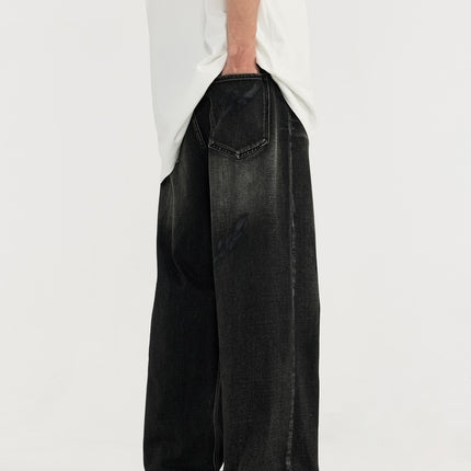 men's wide-leg jeans, black denim jeans, vintage washed jeans, loose-fit jeans, casual streetwear, urban fashion, baggy denim, relaxed fit jeans, trendy men's denim.